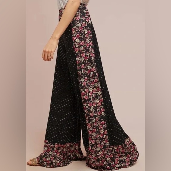 Anthropologie Farm Rio Black and Pink Floral Wide Leg Pants Size L - Picture 2 of 5